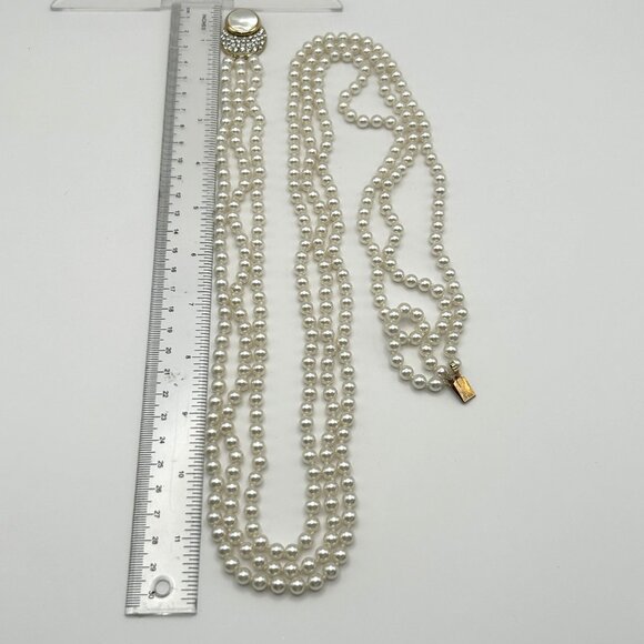 Vintage 3 Strand Faux Pearl Necklace with Rhinestone MOP Clasp Statement Bridal - Picture 11 of 11